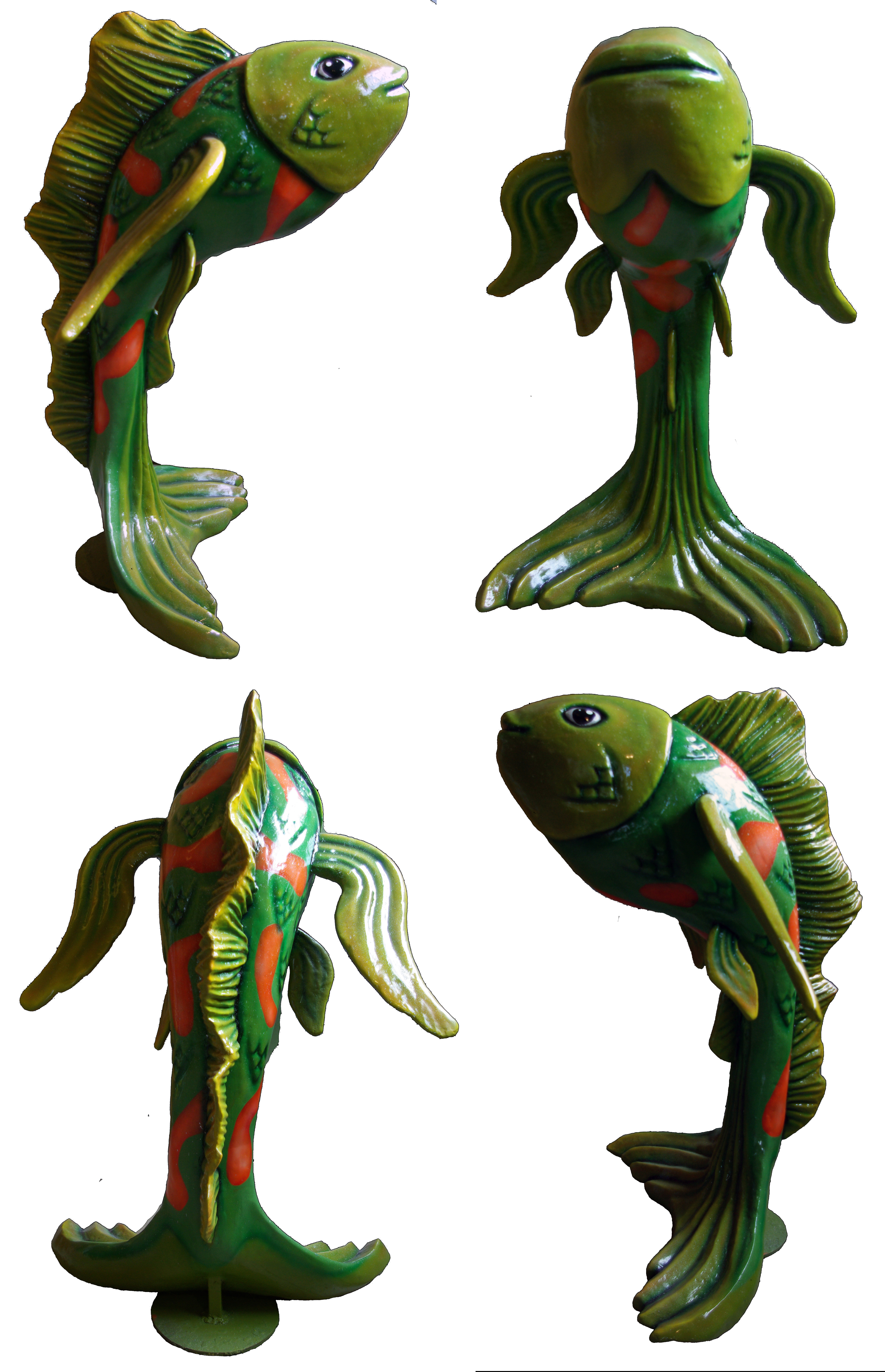 carpe koï , polistyrène, fibre et résine polyester, peinture polyuréthane, vernis, structure en acier.150/80/60cm ,environ, 2016