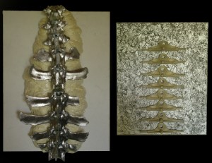 diptique , os de mouton , mousse polluyrethane, chrome , trucks de skate board, acrylique, glycéro,2007