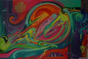 psychédélisme abstrait, peinture aérosol sur OSB 4 panneaux de 50/160cm, 2014