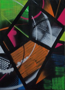 abstraction géométrique fluorescente, aérosols sur bois,100/80cm, 2014