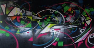 triptyque abstraction géométrique fluorescente, aérosols sur bois,230/500cm, 2014