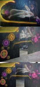 anamorphose féminine, peinture aérosols et aérographe sur OSB , 8 panneaux de 50/160cm, 2014