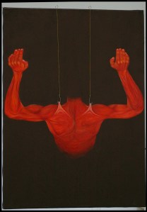 écorche en suspension arrière, huiles sur toiles,60/80cm,2008