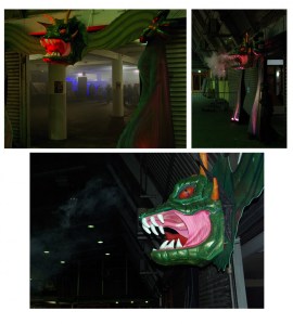 Porte dragon, convention tatouage, pollystyrène,résine pollyester fibré, bois, peinture glycéro, encre polluyréthane, vernis stratifié 6/4m, 2015